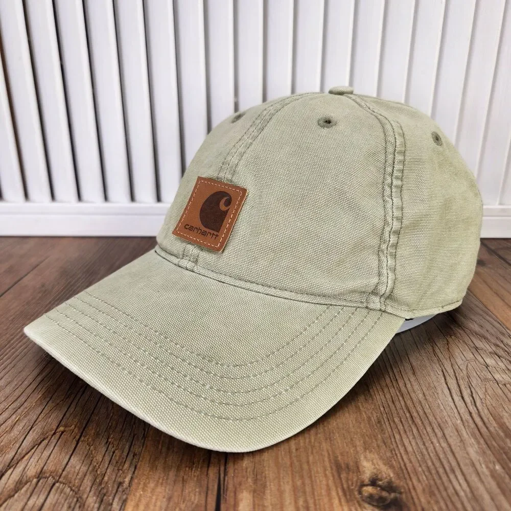 Carhartt Canvas Dad Hat Leather Patch Strapback Green Workwear Cap Casual Adult